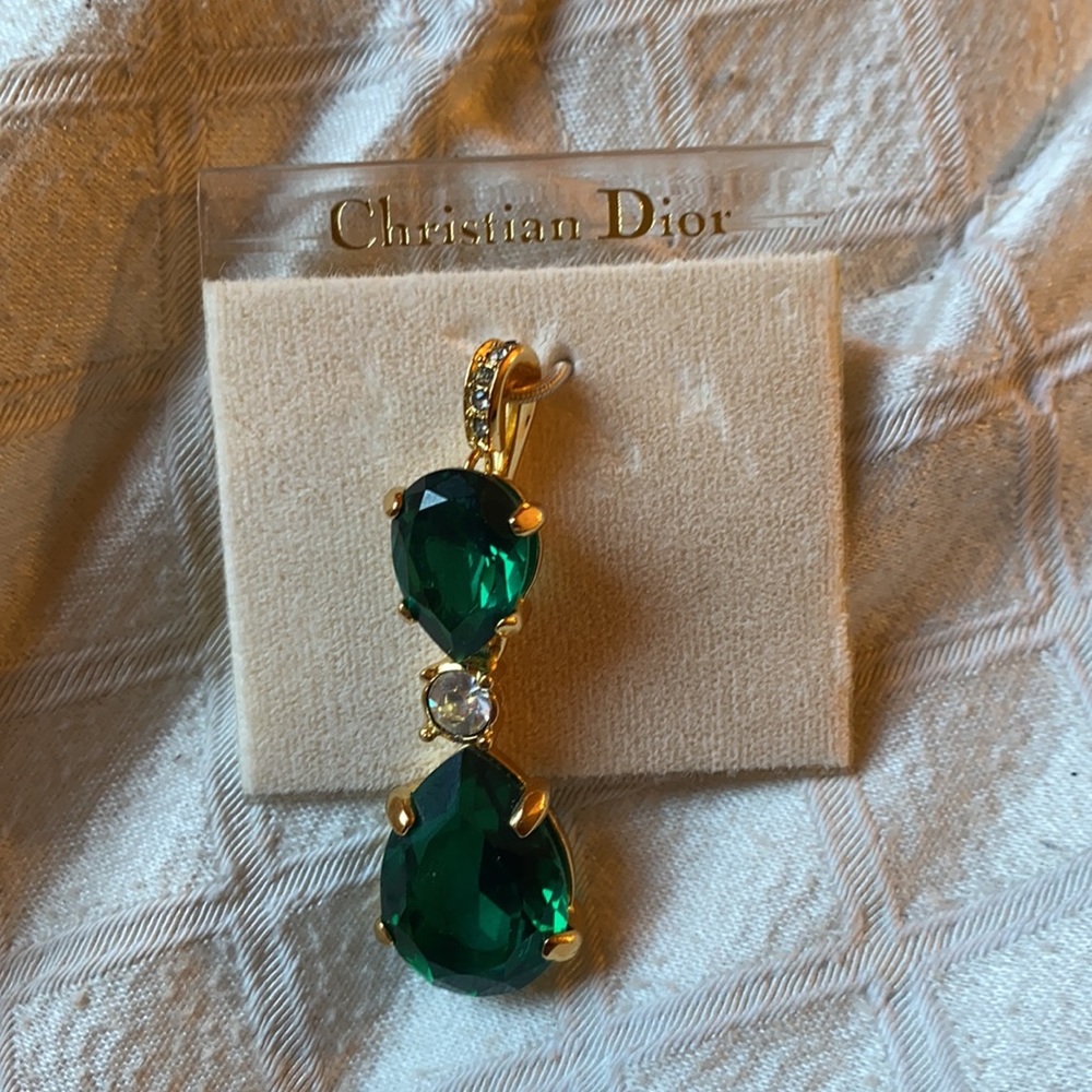 CHRISTIAN DIOR Vintage 90s Emerald Gold Pendant - Picture 2 of 5